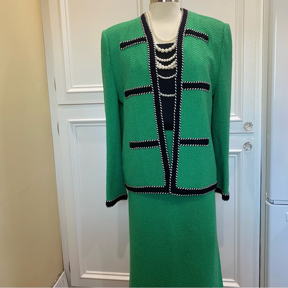 Green Tweed Two-Piece Blazer and Skirt Set